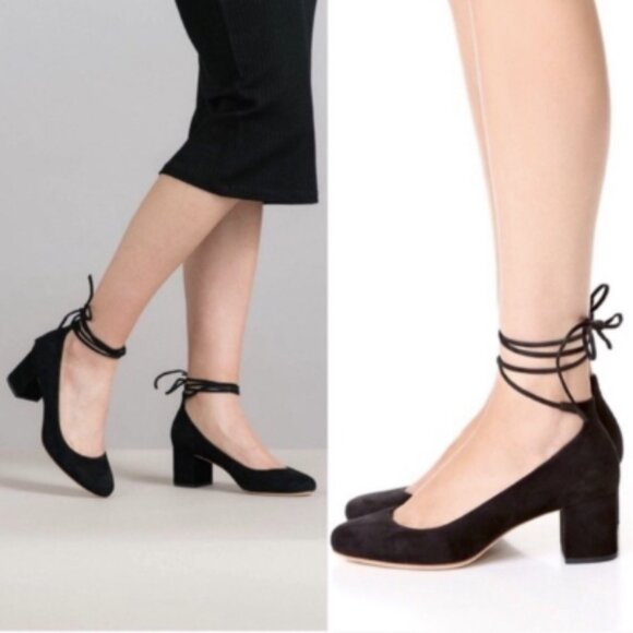 Loeffler Randal Clara Black Suede Leather Ankle Wrap Tie Block Heels 6.5 - Picture 1 of 12